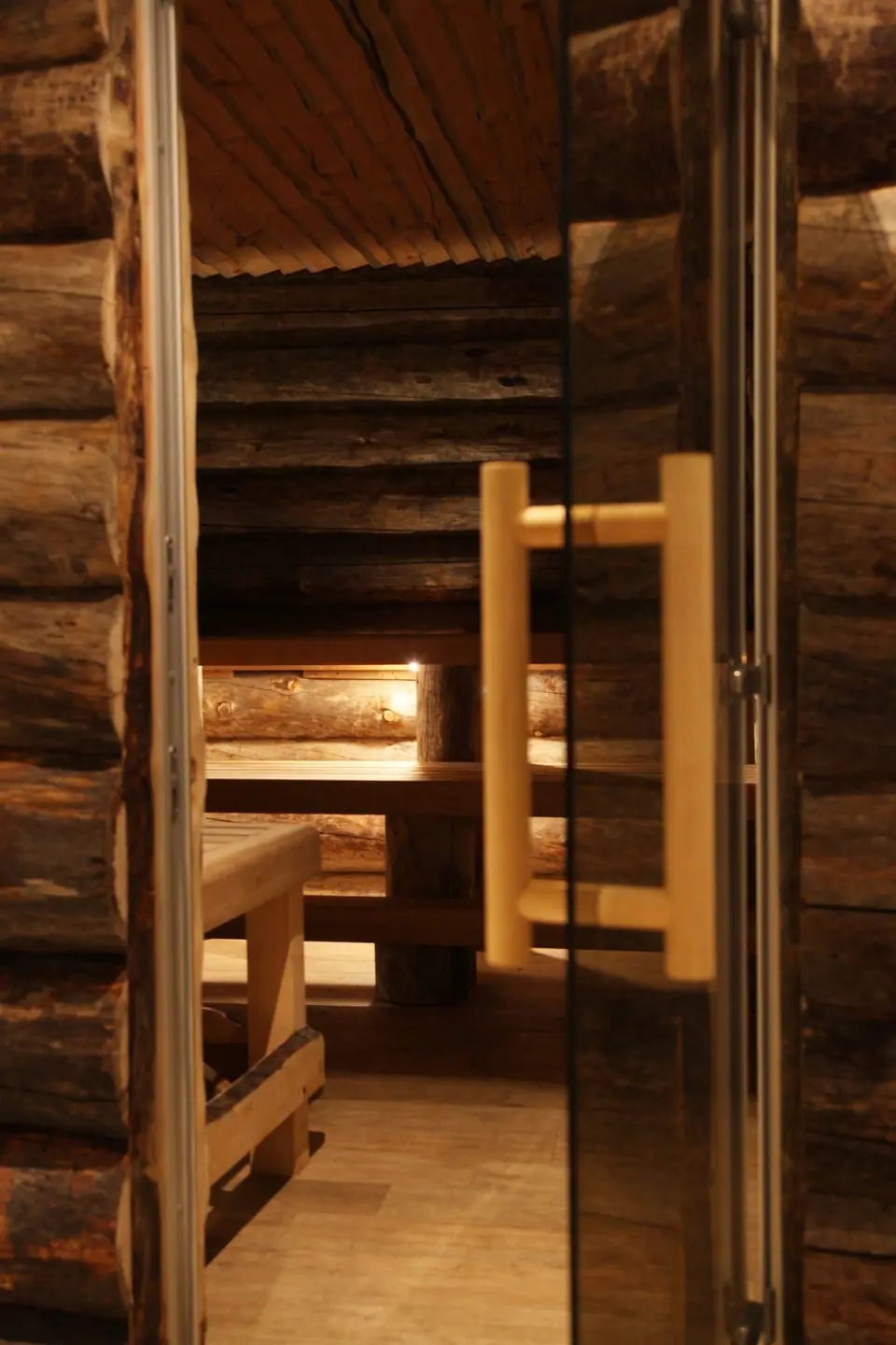 Glazed timber sauna door with log-clad walls