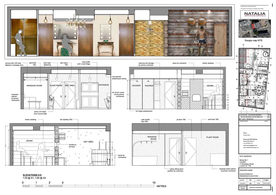 Working drawings with elevations and plan for the day spa