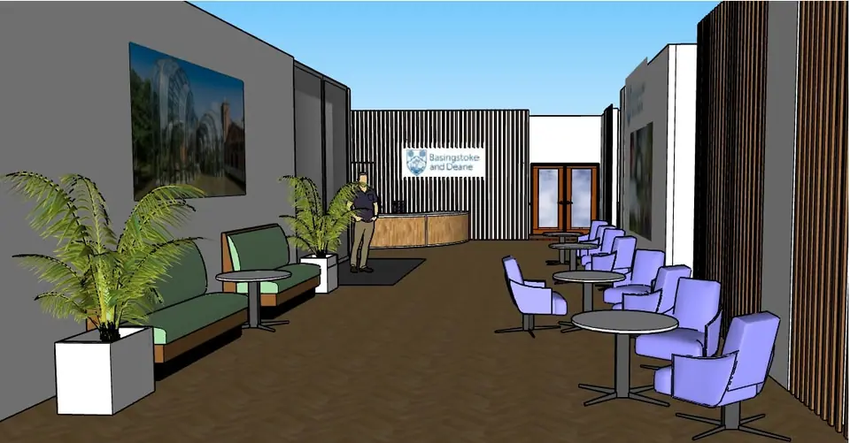 3D visual of the office reception and seating layout