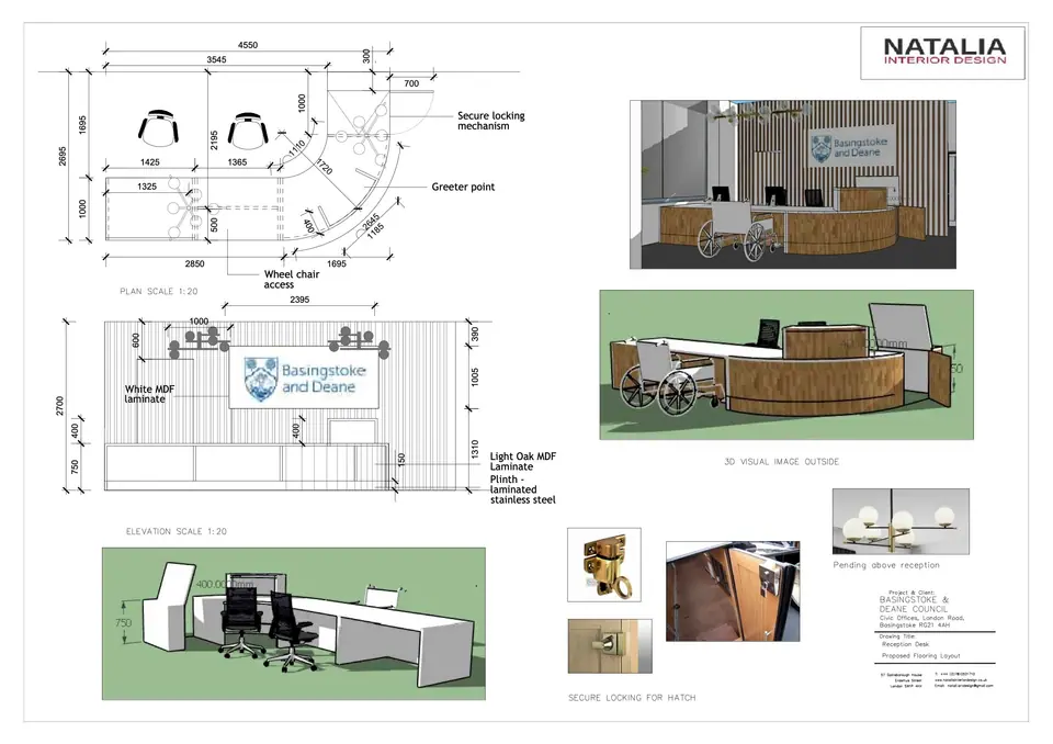 Reception desk drawings with plan, elevations and 3D views