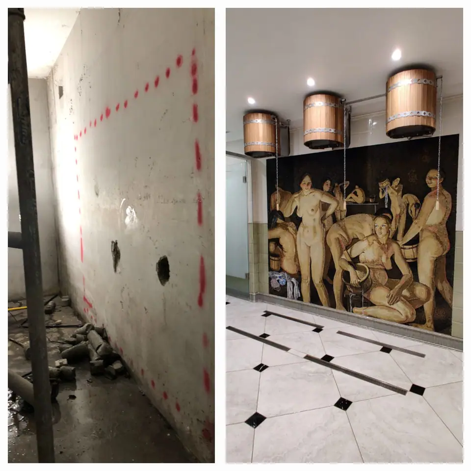 Before and after: stripped wall during works and the finished room with copper pendants and painted mural