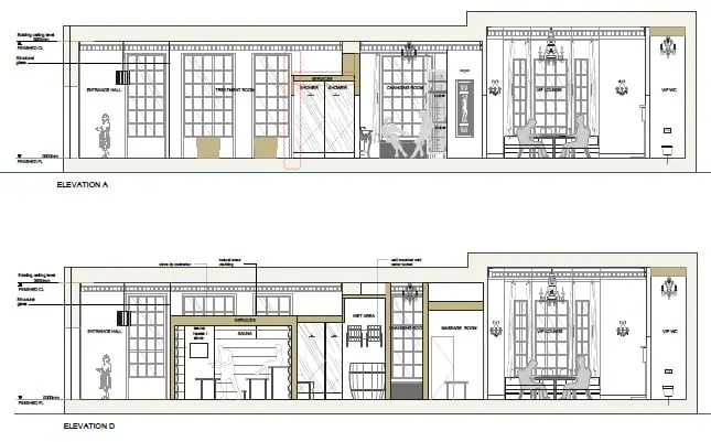 Interior elevations drawn for The Bath House