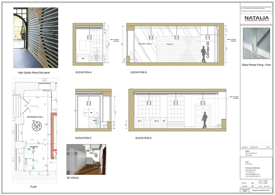 Technical drawing sheet with plan, elevations and 3D view for The Bath House