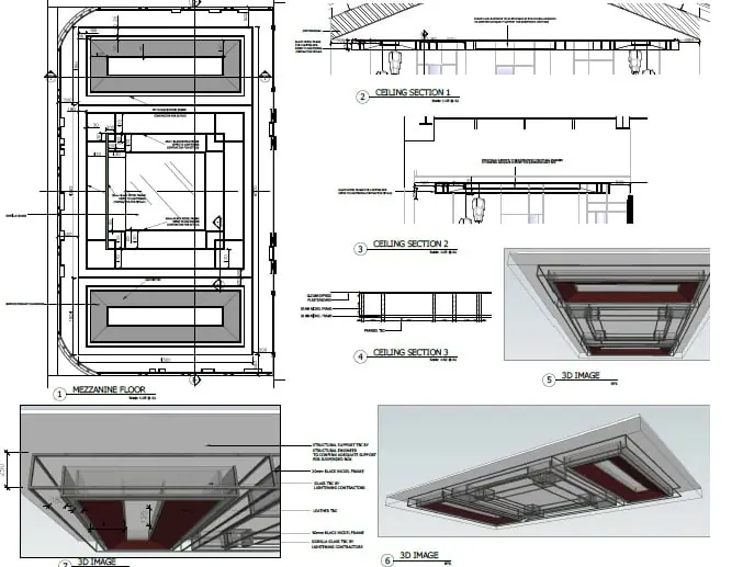Technical drawings of ceiling sections and mezzanine details