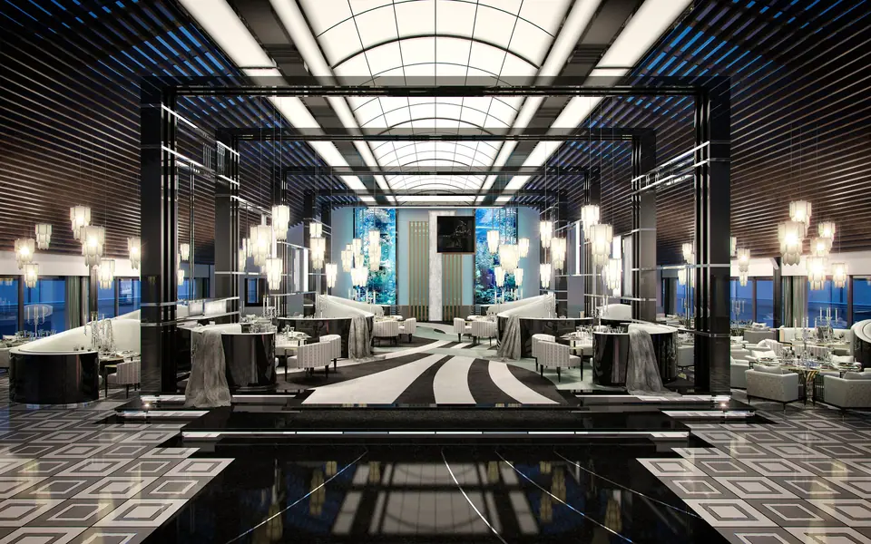 Main restaurant hall with framed ceiling, pendant lights and a marble floor