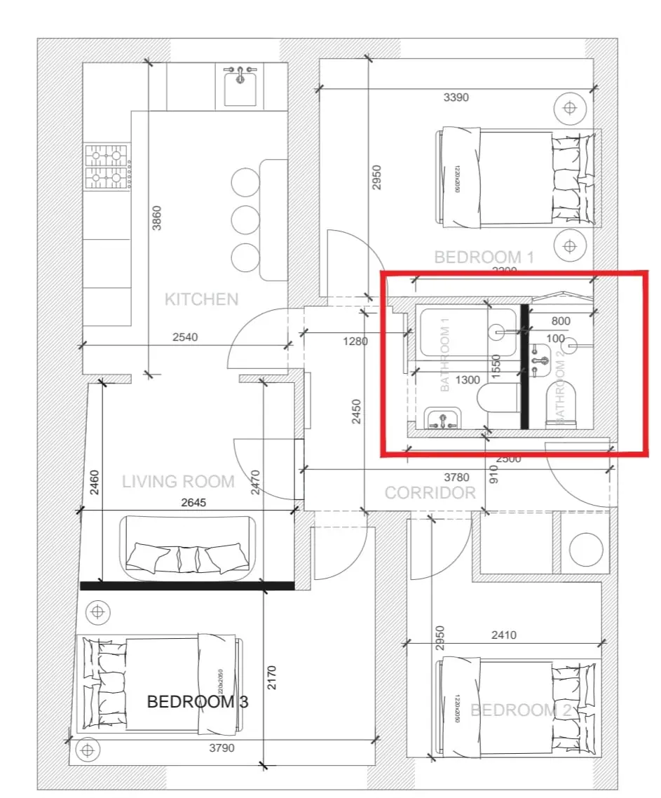 Plan highlighting the bathroom divided into two