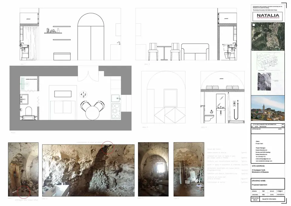 Design drawings for the Italian studio with plan, elevations and site photos