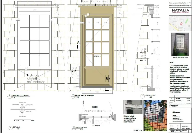 Existing and proposed elevations and details for the French door