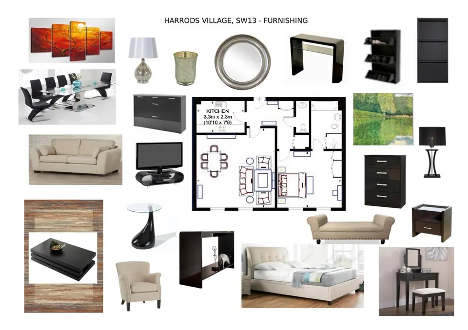 Furnishing board for an apartment at Harrods Village, SW13, with plan and furniture