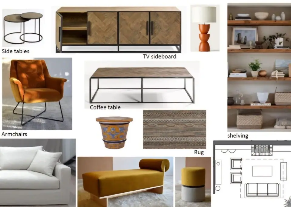 Mood board with ochre armchairs, oak sideboard, coffee table and rug