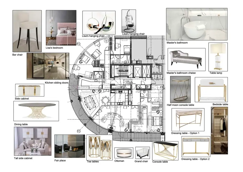 Circular house plan surrounded by selected furniture and fittings