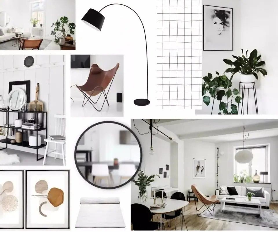 Monochrome living room mood board with leather sling chair and arc lamp