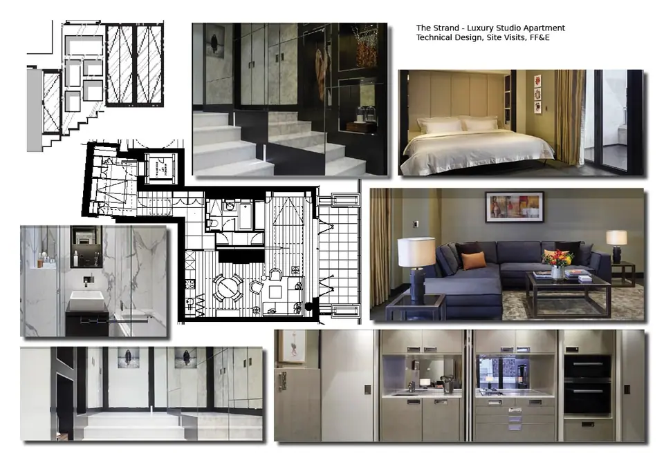 Technical design and FF&E board for a luxury studio apartment on The Strand