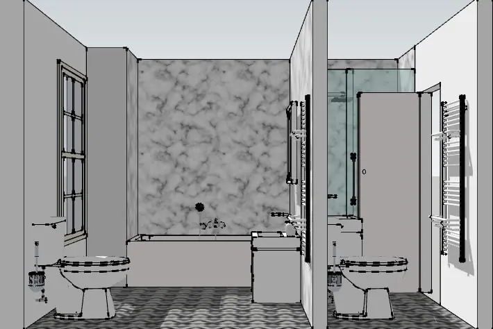 3D visual of the bathroom divided into two rooms