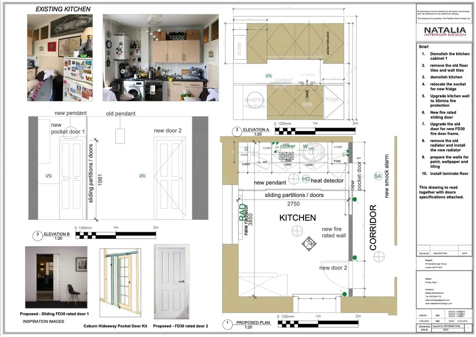 Kitchen plan and elevations with sliding partition details