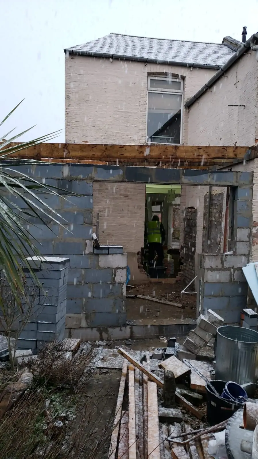Extension under construction with blockwork and steel beam
