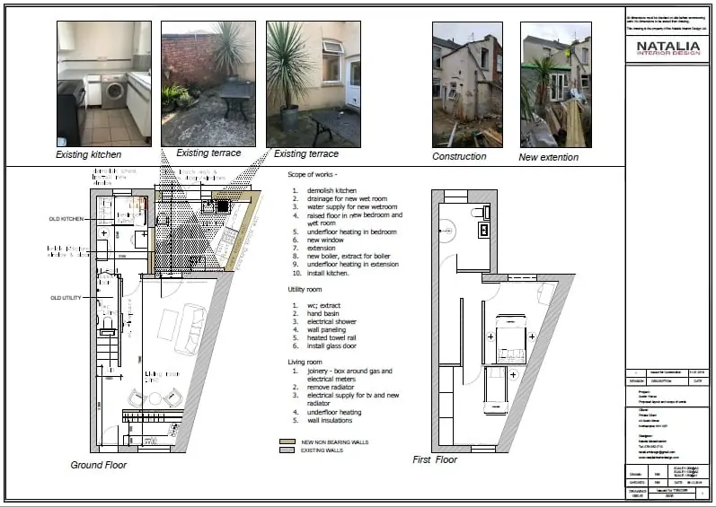 Extension drawings with existing photos, plans and scope of works